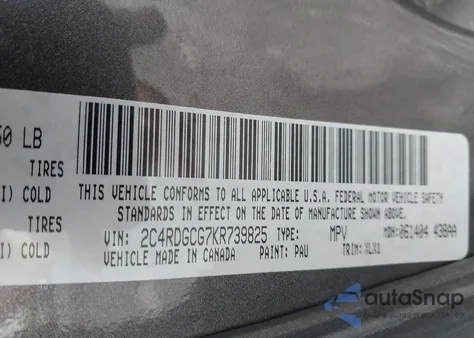 2019 Dodge Grand Caravan Sxt из США, поврежденный, VIN 2C4RDGCG7KR739825